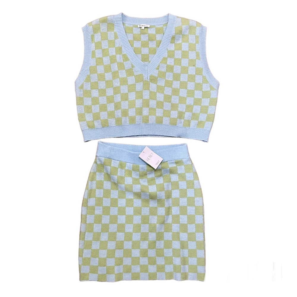 New Checkerboard Knit Skirt Set, Crop Vest, blue and green, Mimosa, Henly